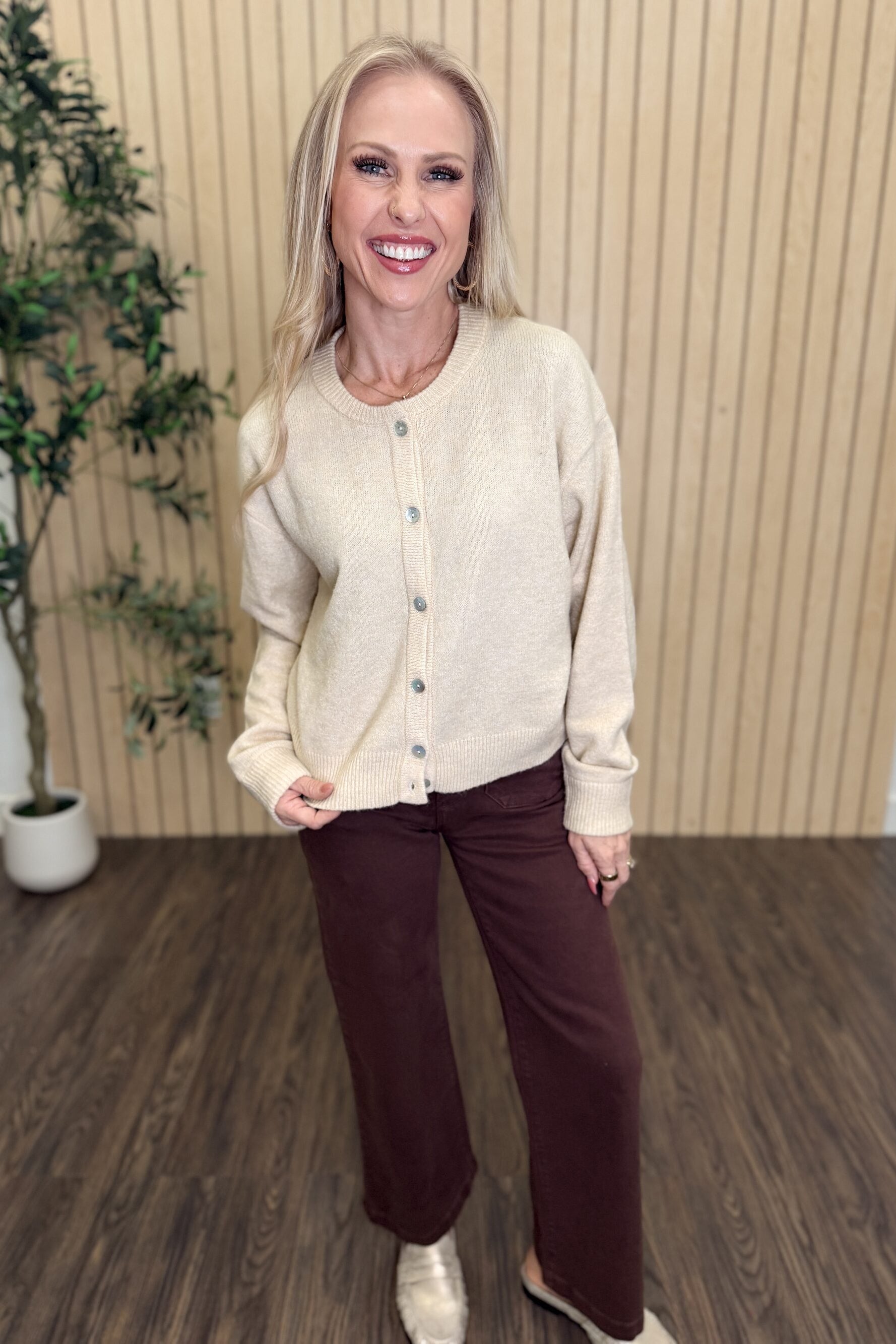 Calder Crew Neck Knit Cardigan styled on model