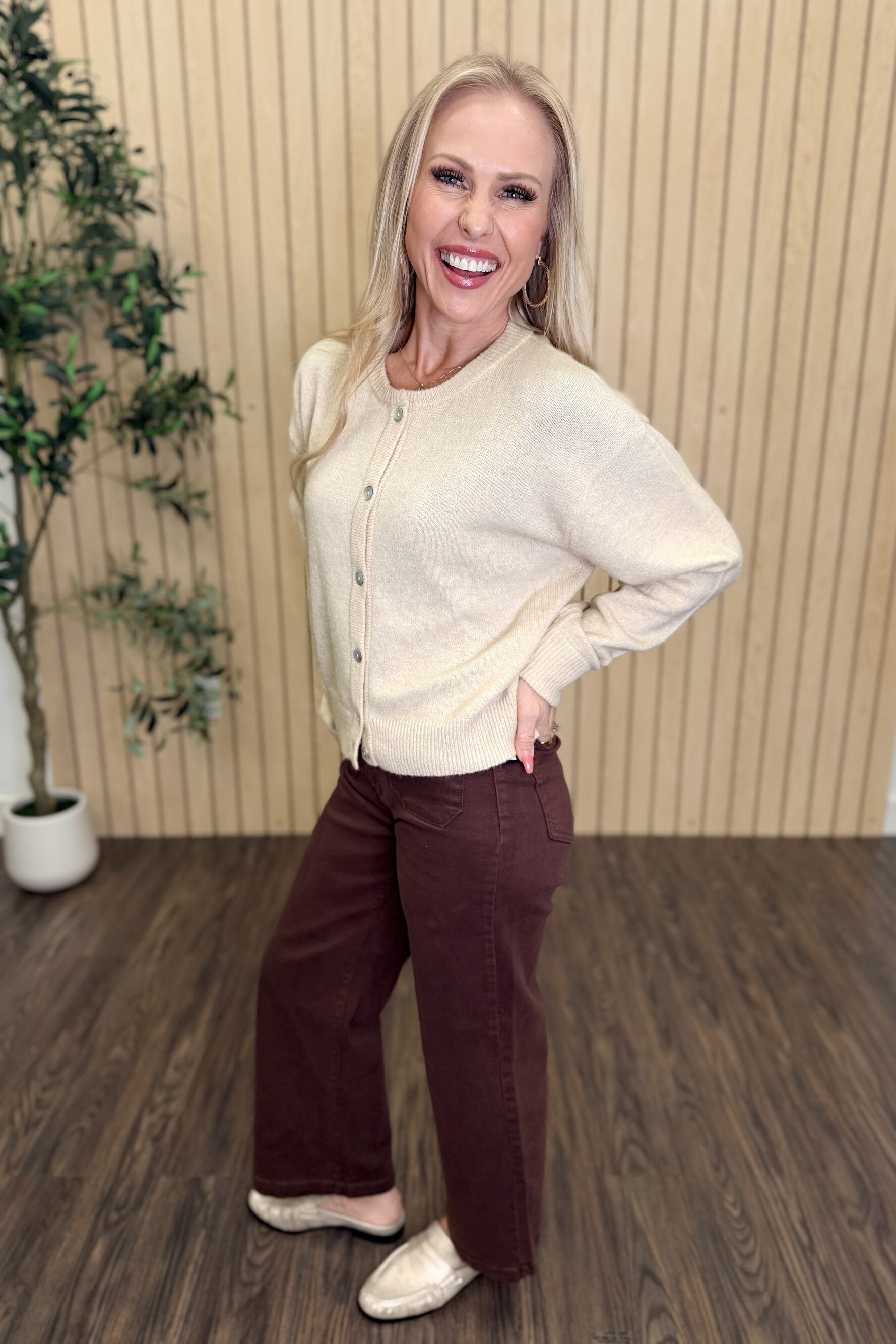 Calder Crew Neck Knit Cardigan styled on model