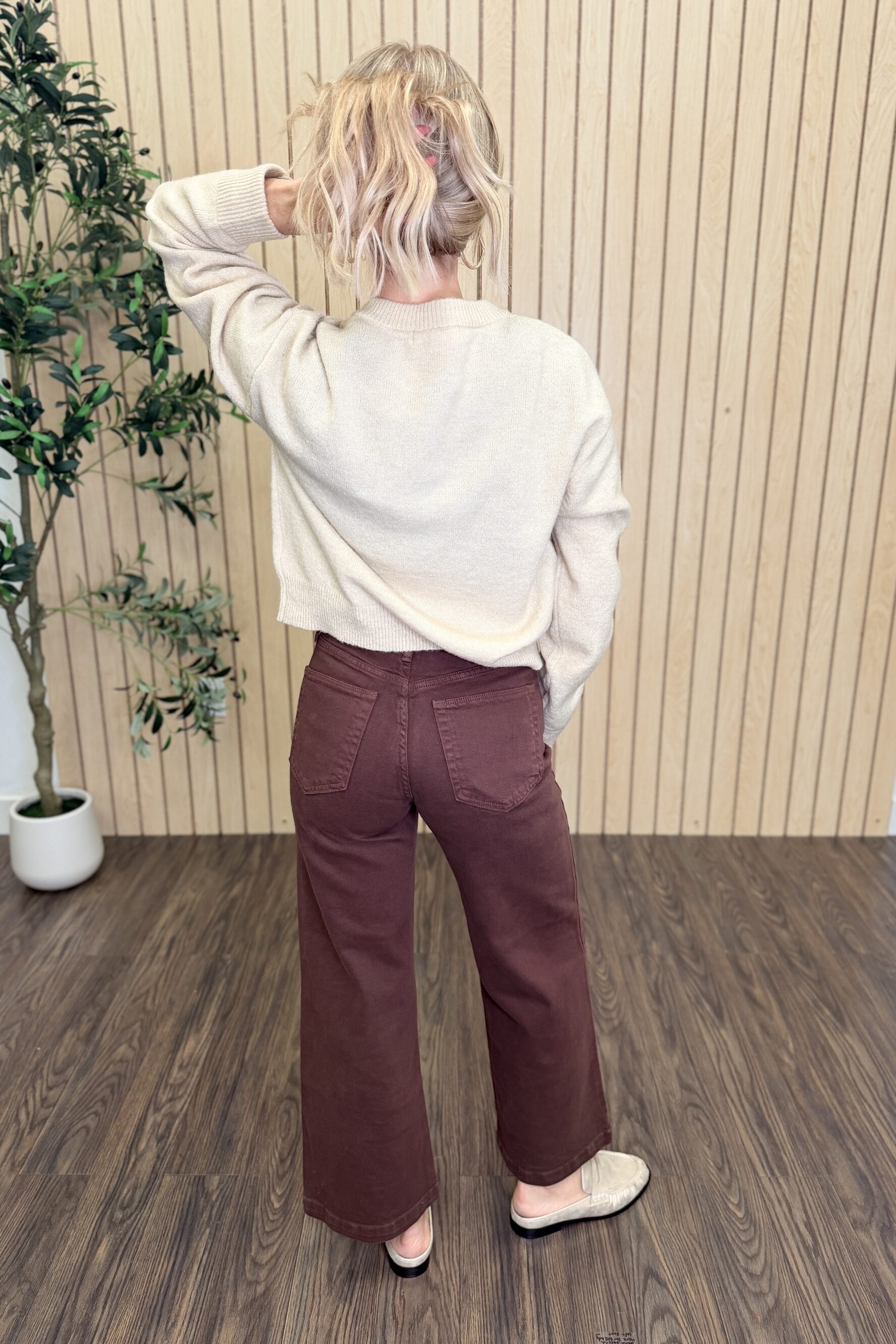 Calder Crew Neck Knit Cardigan styled on model