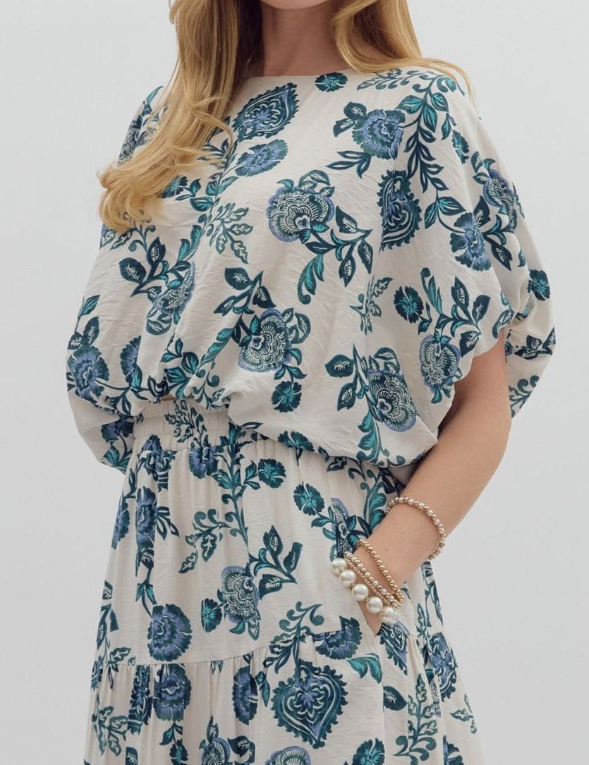 White & Teal Floral Top - MTT Collective