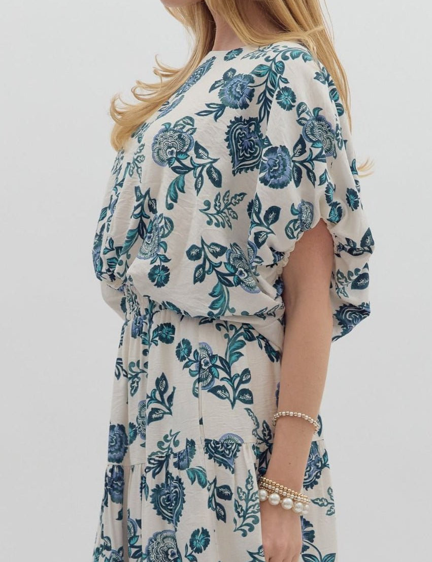 White & Teal Floral Top - MTT Collective