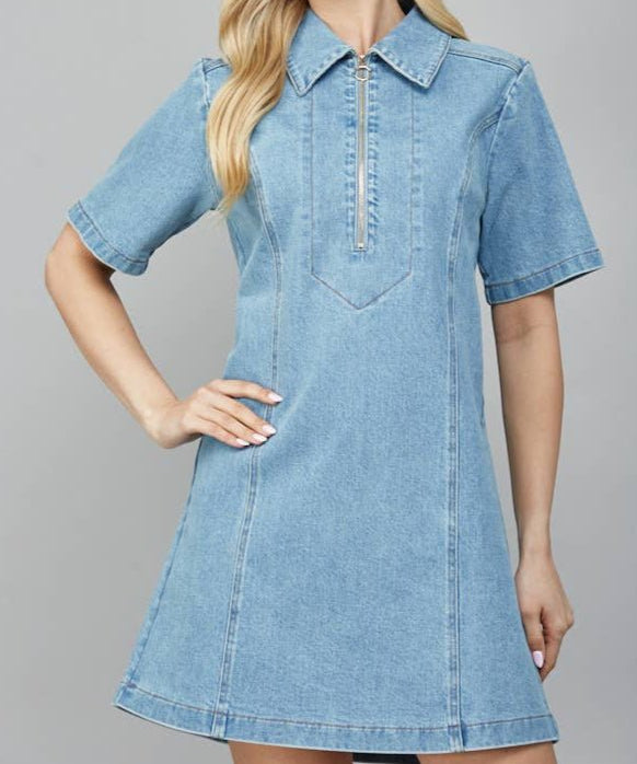 Zoey Half Zip front A - Line Denim Dress - MTT Collective