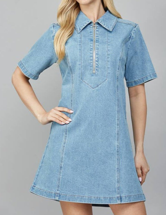 Zoey Half Zip front A - Line Denim Dress - MTT Collective