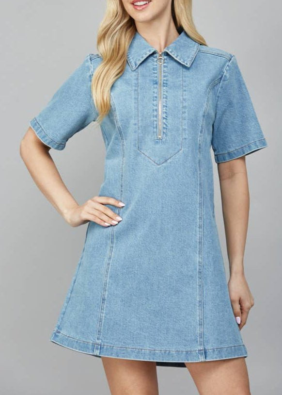 Zoey Half Zip front A - Line Denim Dress - MTT Collective
