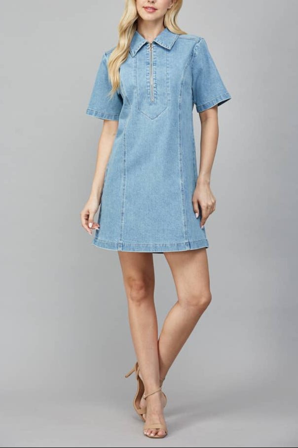 Zoey Half Zip front A - Line Denim Dress - MTT Collective
