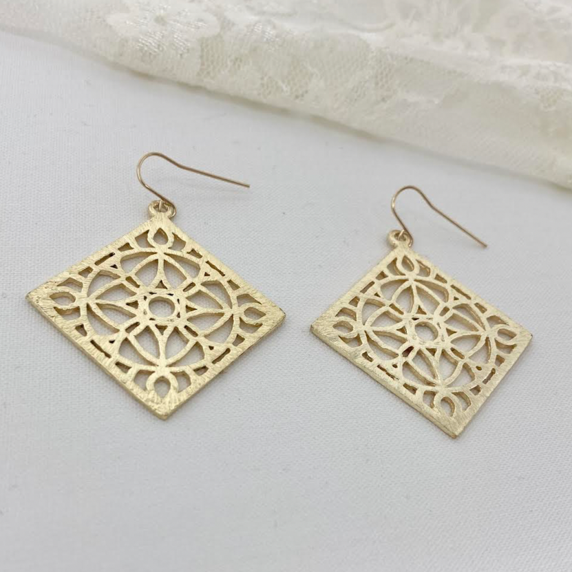Floral Diamond Shape Brushed Earrings | Gold - MTT Collective