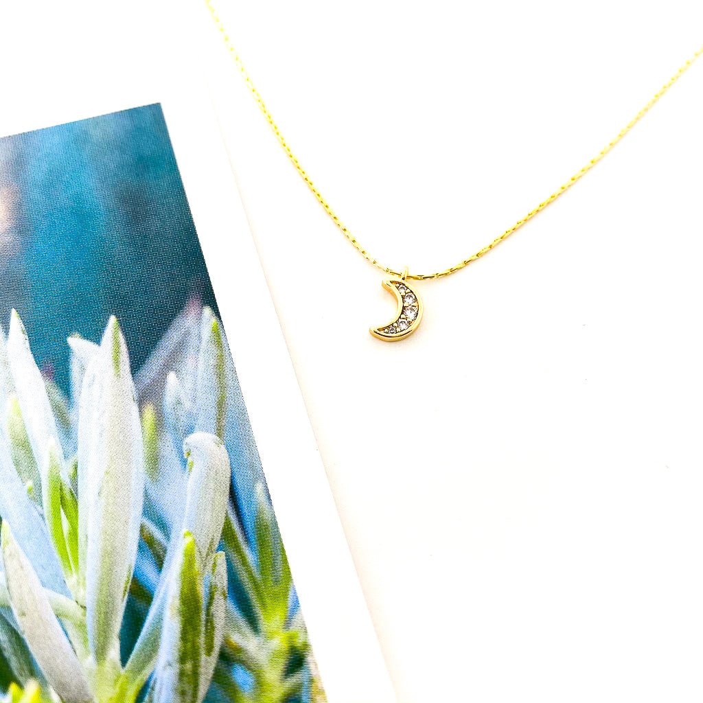 Ariana Rhinestone Moon Necklace | Smooth Chain | Gold - MTT Collective
