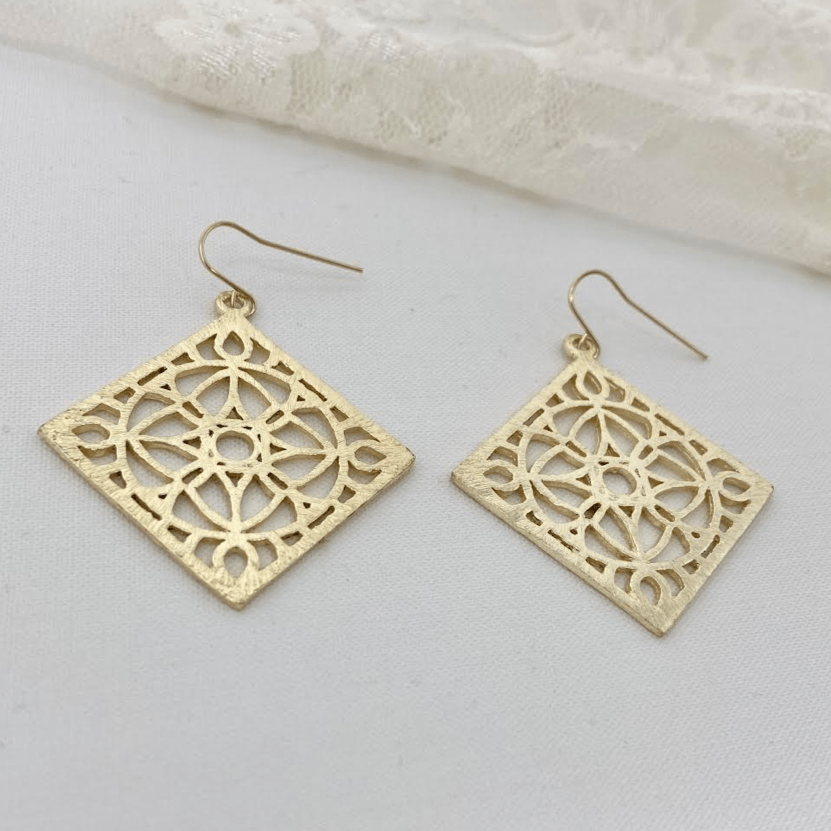 Floral Diamond Shape Brushed Earrings | Gold - MTT Collective