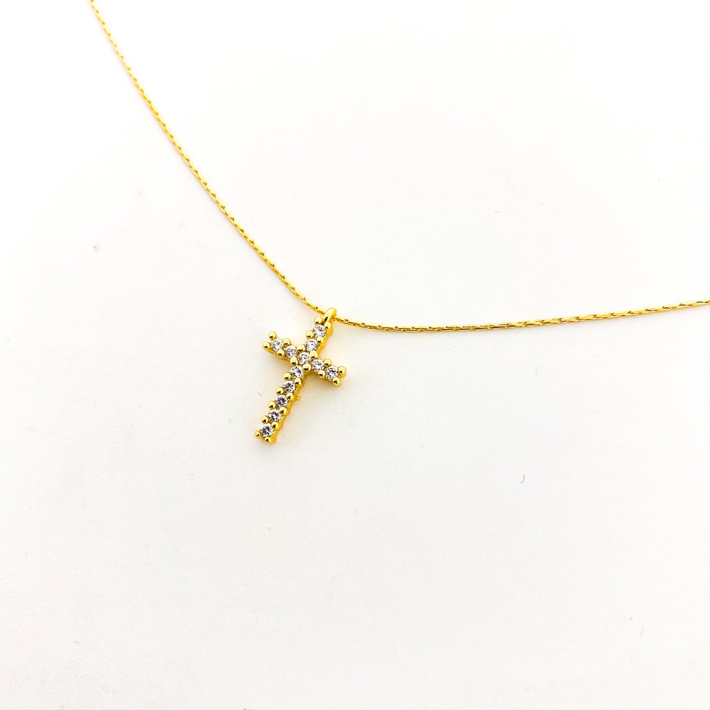Katherine Hanging Rhinestone Cross Necklace | Smooth Chain | Gold - MTT Collective