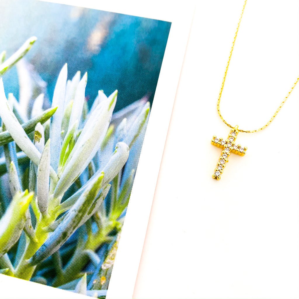 Katherine Hanging Rhinestone Cross Necklace | Smooth Chain | Gold - MTT Collective