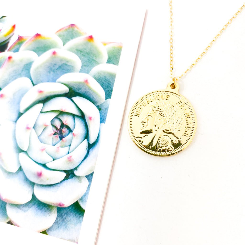 Shayla Large Double - Sided Francaise Coin Necklace | Gold - MTT Collective